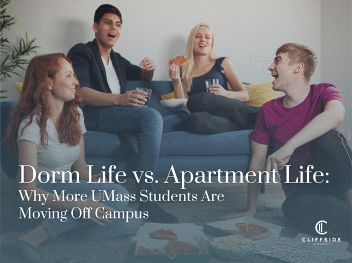 UMass Amherst student relaxing in off-campus apartment near campus