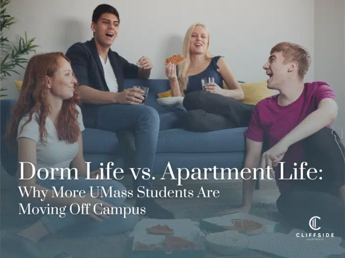 UMass Amherst student relaxing in off-campus apartment near campus